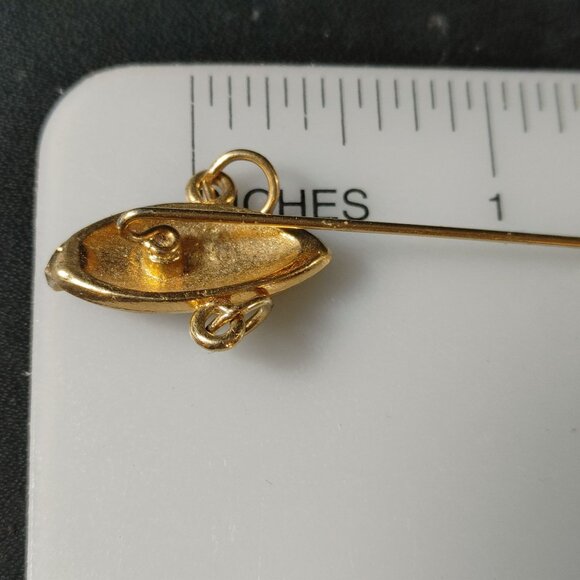 Art Deco Tribal Face Mask Label Stick Pin Gold Tone Unique Dangle Design 2 Inch - Picture 4 of 10